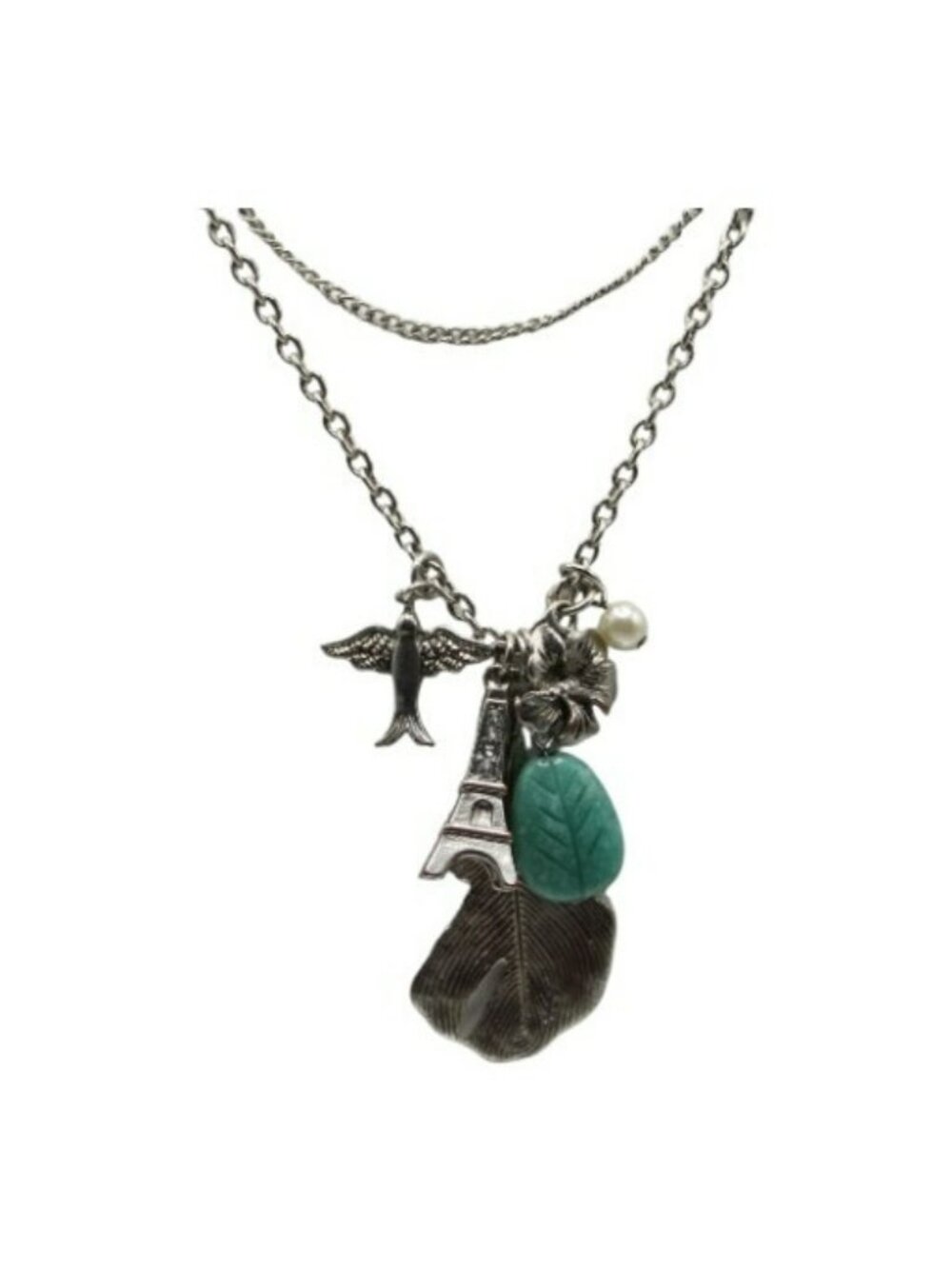 Silvertone Double Strand Necklace Eiffel Tower Bird Multi Charm 28"